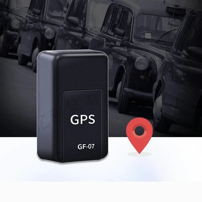 GPS tracker device with 'GPS' and 'GF-07' text, set against a blurred background of vehicles.