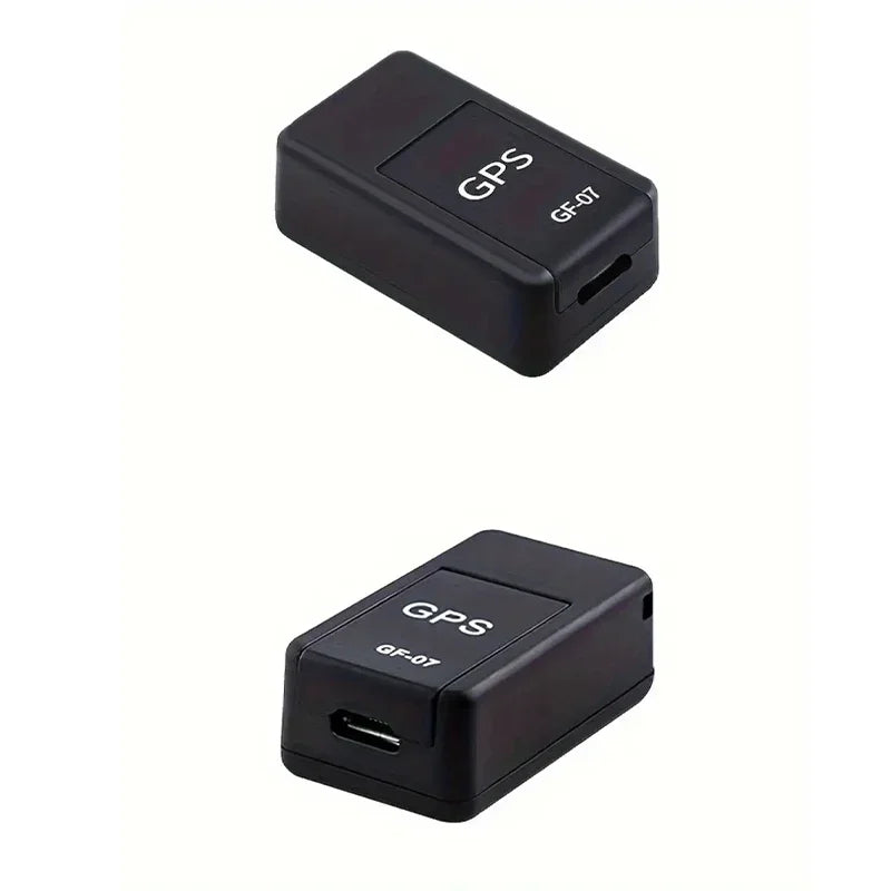 Two black GPS tracking devices on a white background