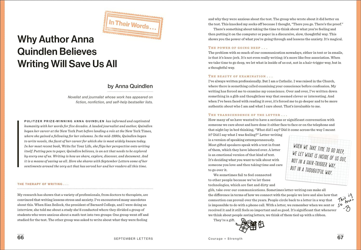 Chapter by Anna Quindlen from the book "September Letters" by Brittany Snow & Jaspre Guest.