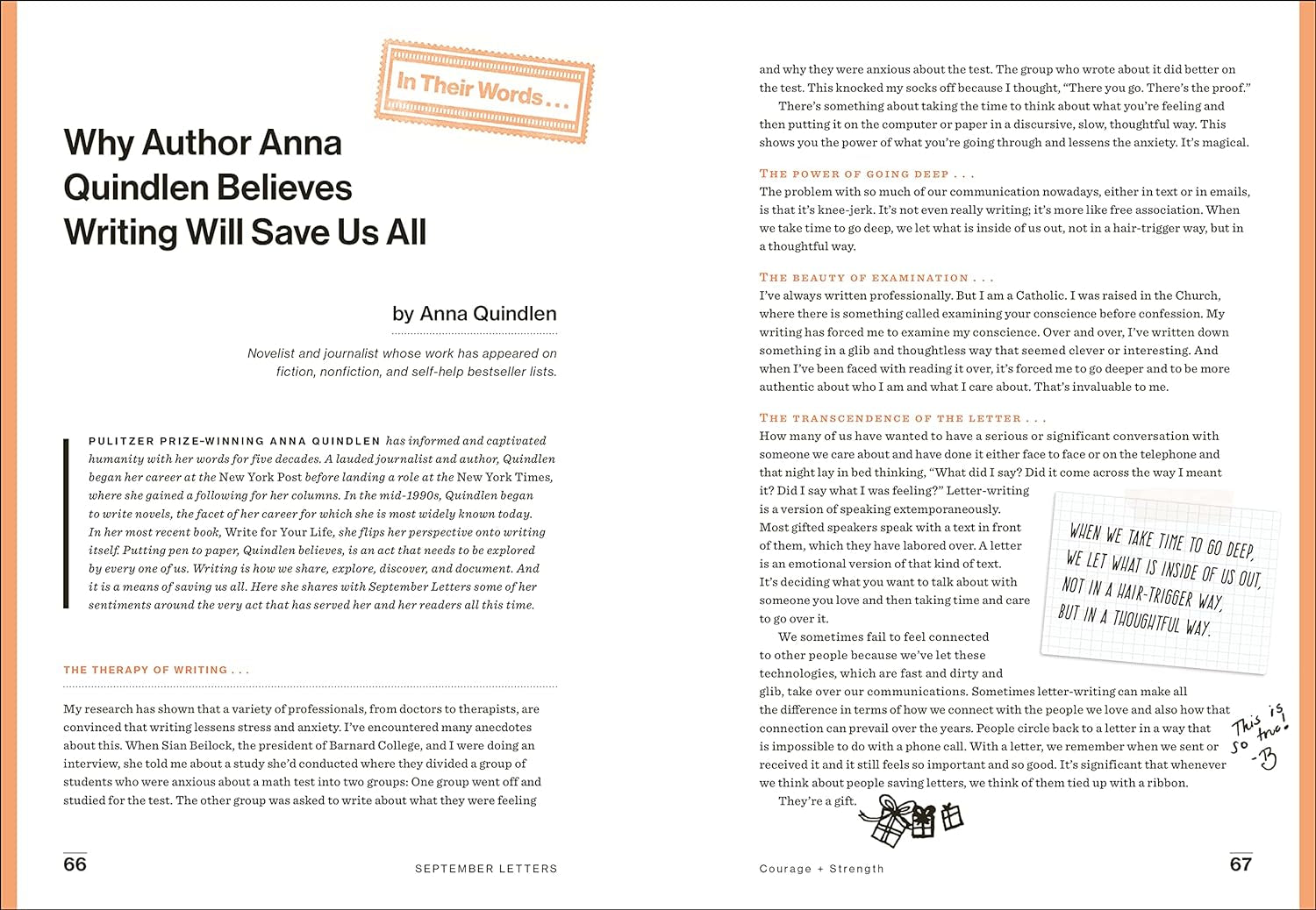 Chapter by Anna Quindlen from the book "September Letters" by Brittany Snow & Jaspre Guest.
