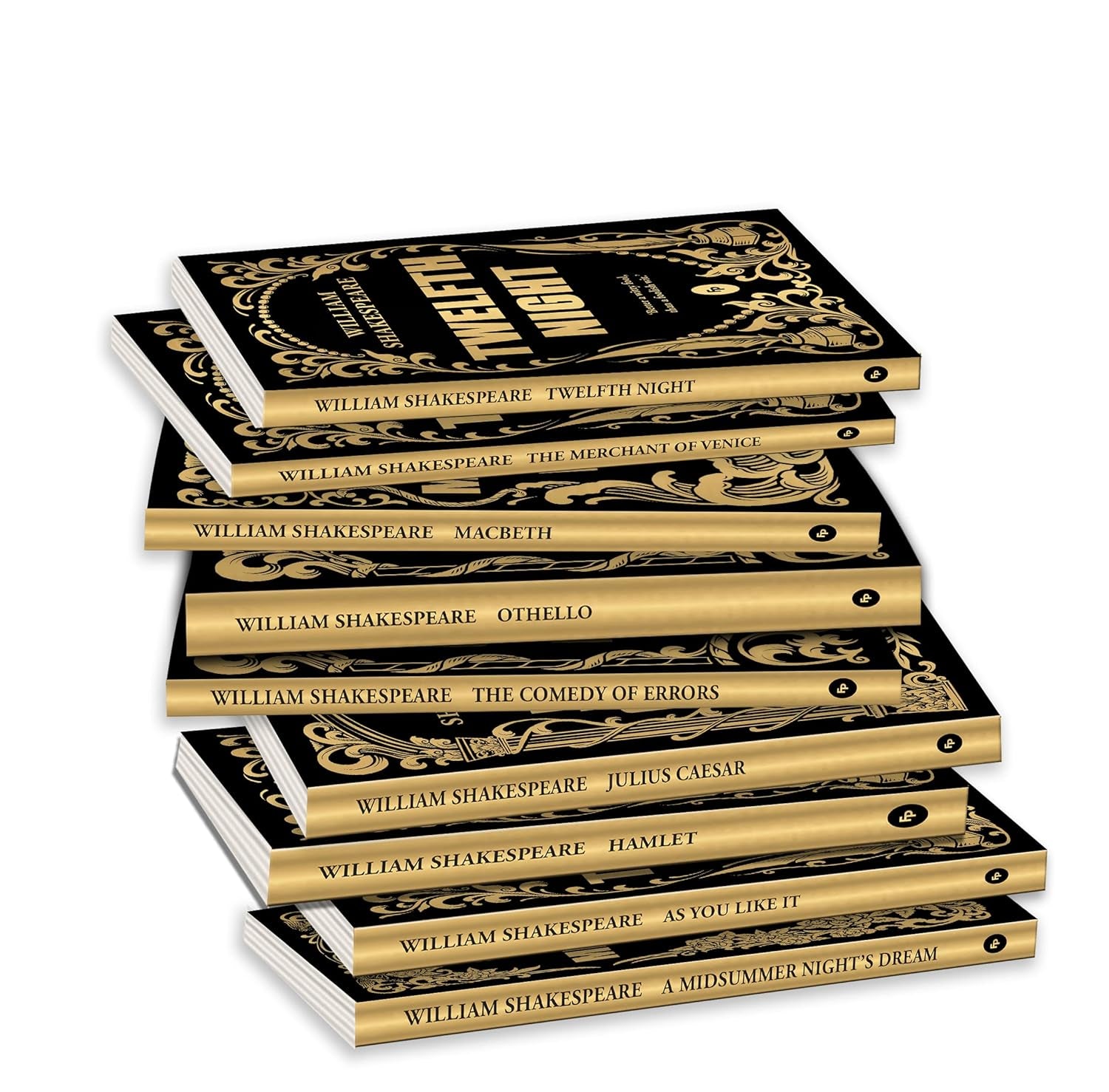 Book box set of 'Shakespeare Box Set: Greatest Works of William Shakespeare [ISBN: 9789354407000]' featuring a gilded style casing. Books displaying stack of book front covers from classic Shakespeare works.