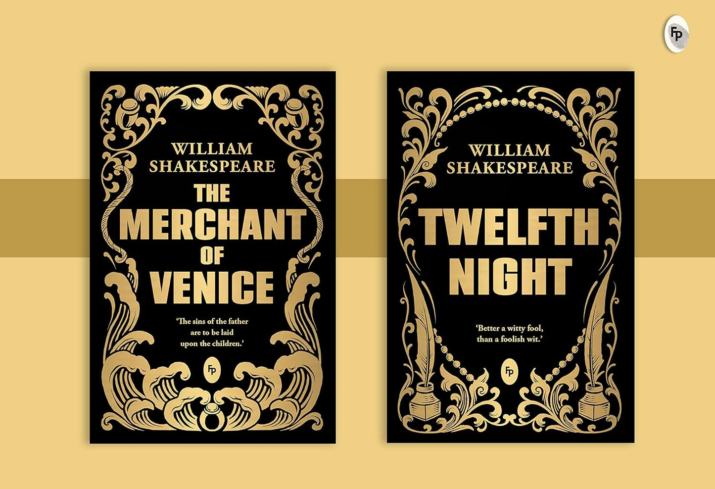 Two book front cover display from "Shakespeare Box Set: Greatest Works of William Shakespeare" featuring 'The Merchant of Venice' and 'Twelfth Night' in gilded collection style.