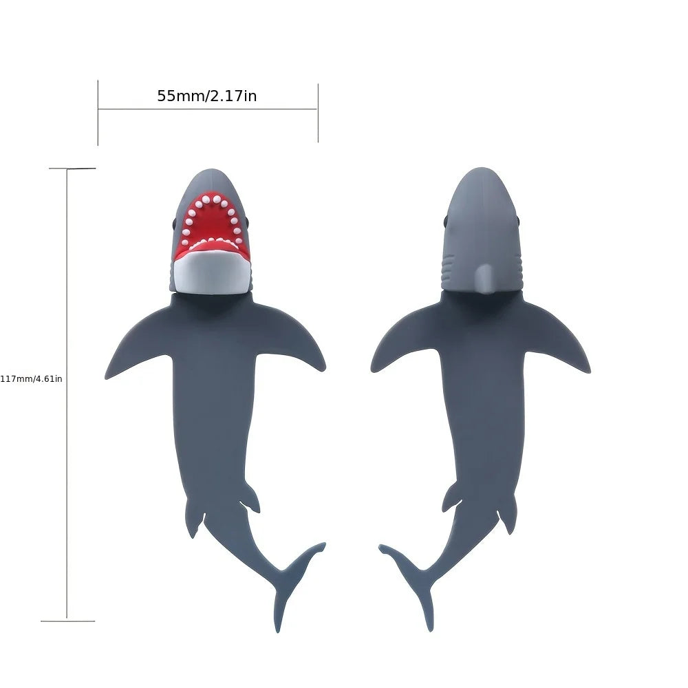 Two shark bookmarks with measurements on a white background