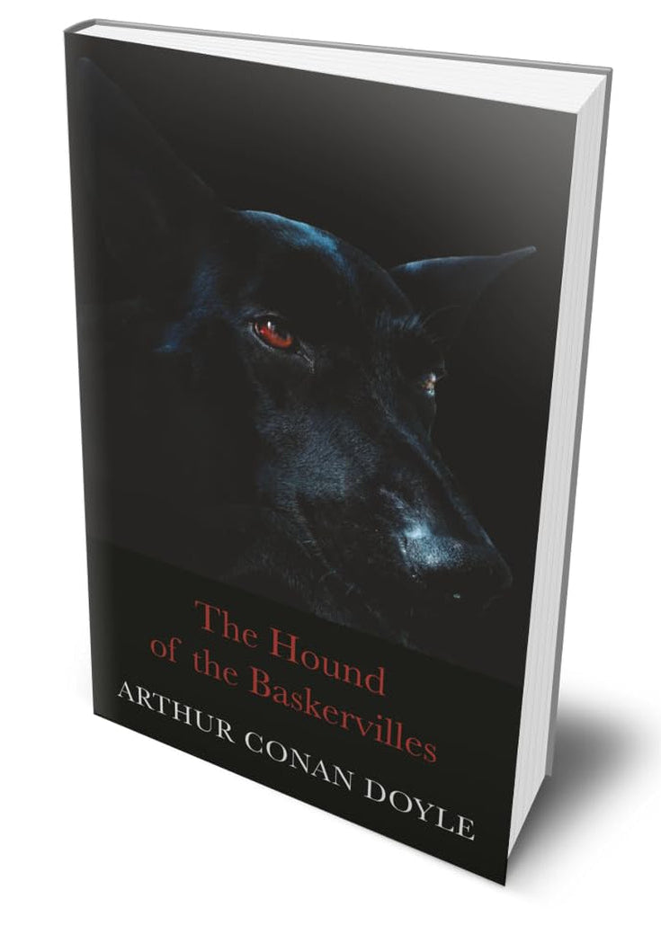 Book front cover of 'The Hound of the Baskervilles' by Arthur Conan Doyle, featuring a dark cover with a black hound and red title text, set against a plain white background.