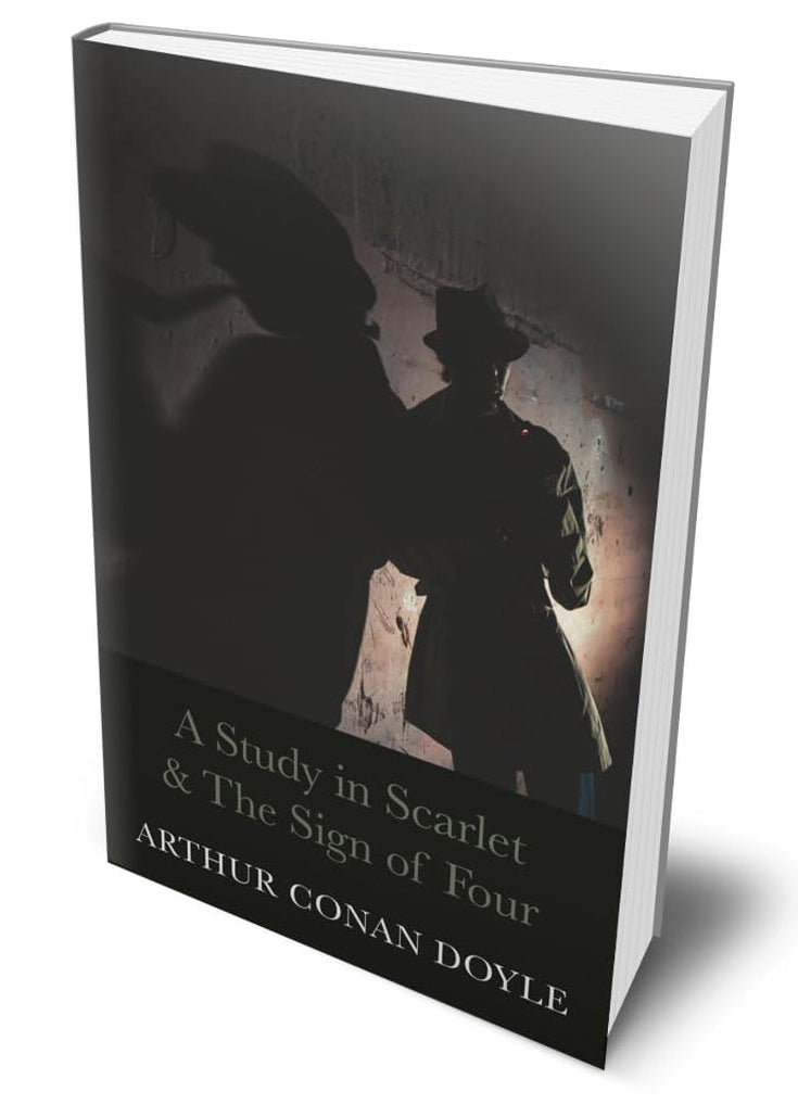 A 3D view of book 'A Study in Scarlet & The Sign of Four' by Arthur Conan Doyle, showing the front cover with a dark silhouette illustration and the title text, set against a plain white background.