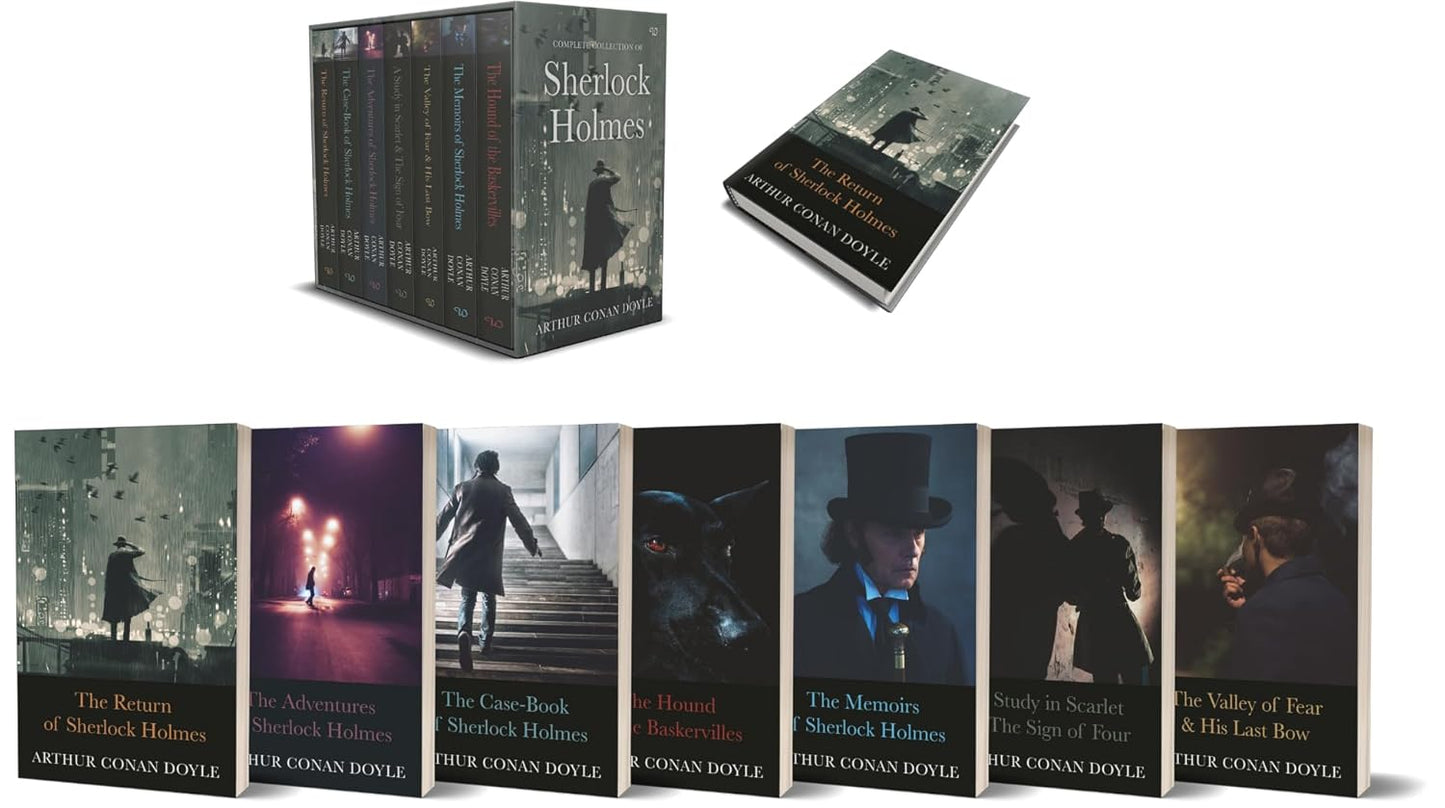 Full book display of book titles from the 'Sherlock Holmes Seven: Collector Book Box Set' by Arthur Conan Doyle, displaying all book covers.