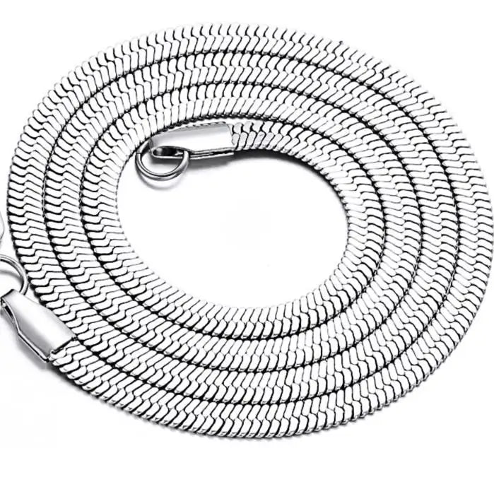 Silver chain flat necklace chain on a white background.