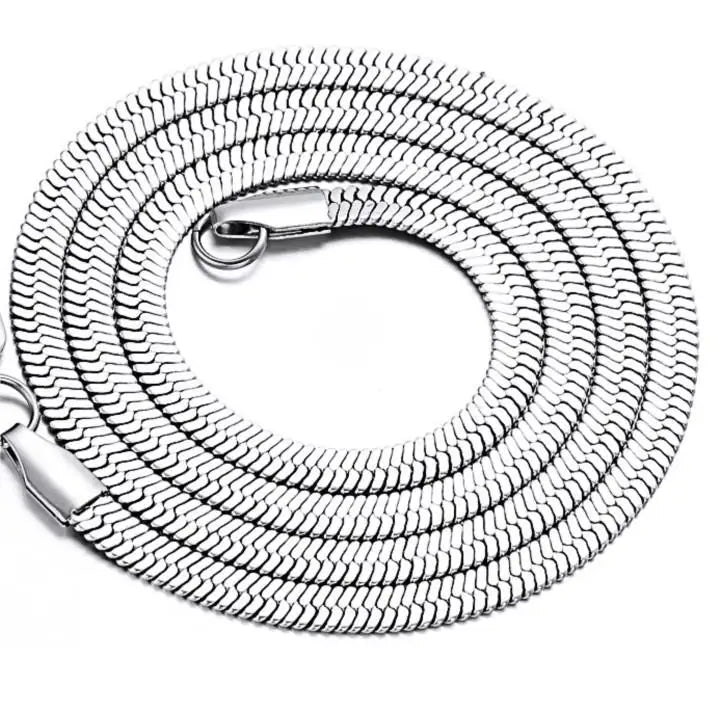 Silver flat chain necklace close-up on a white background.