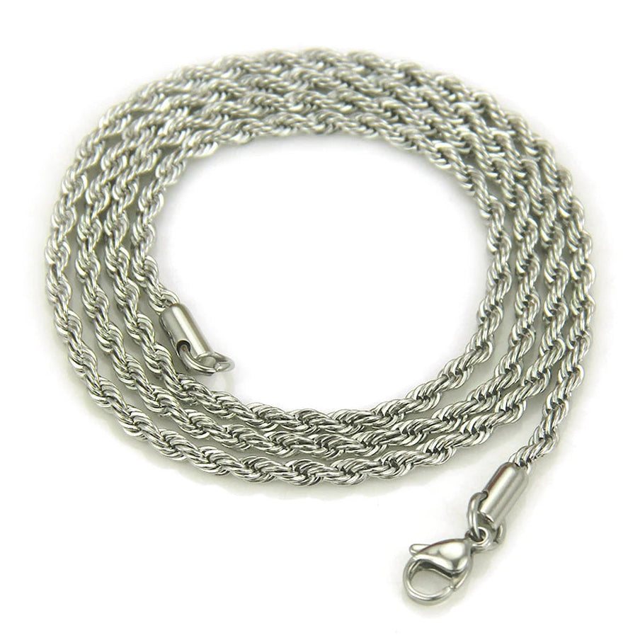 Silver rope chain necklace on a white background
