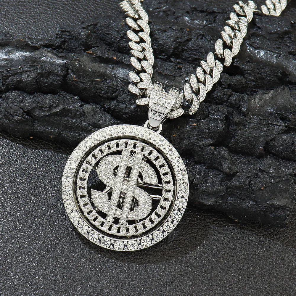 Silver dollar sign pendant necklace on a dark textured surface