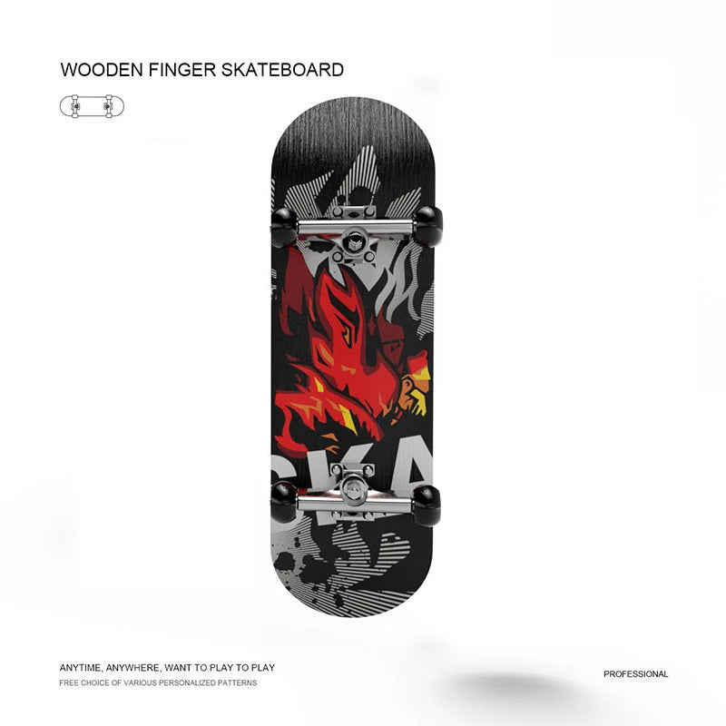 Wooden finger skateboard with black and red design on a white background