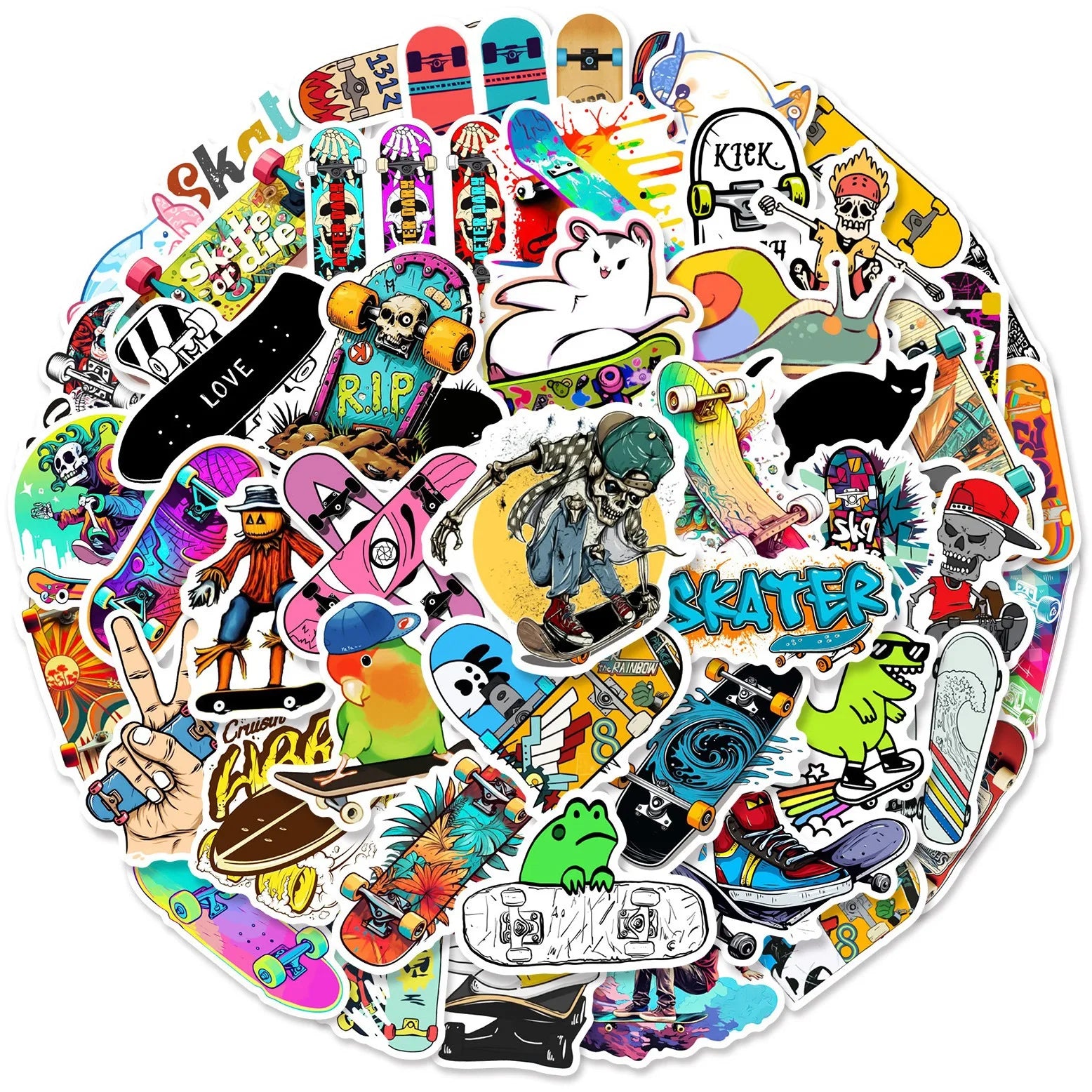 Collection of skateboard stickers featuring various designs on a white background