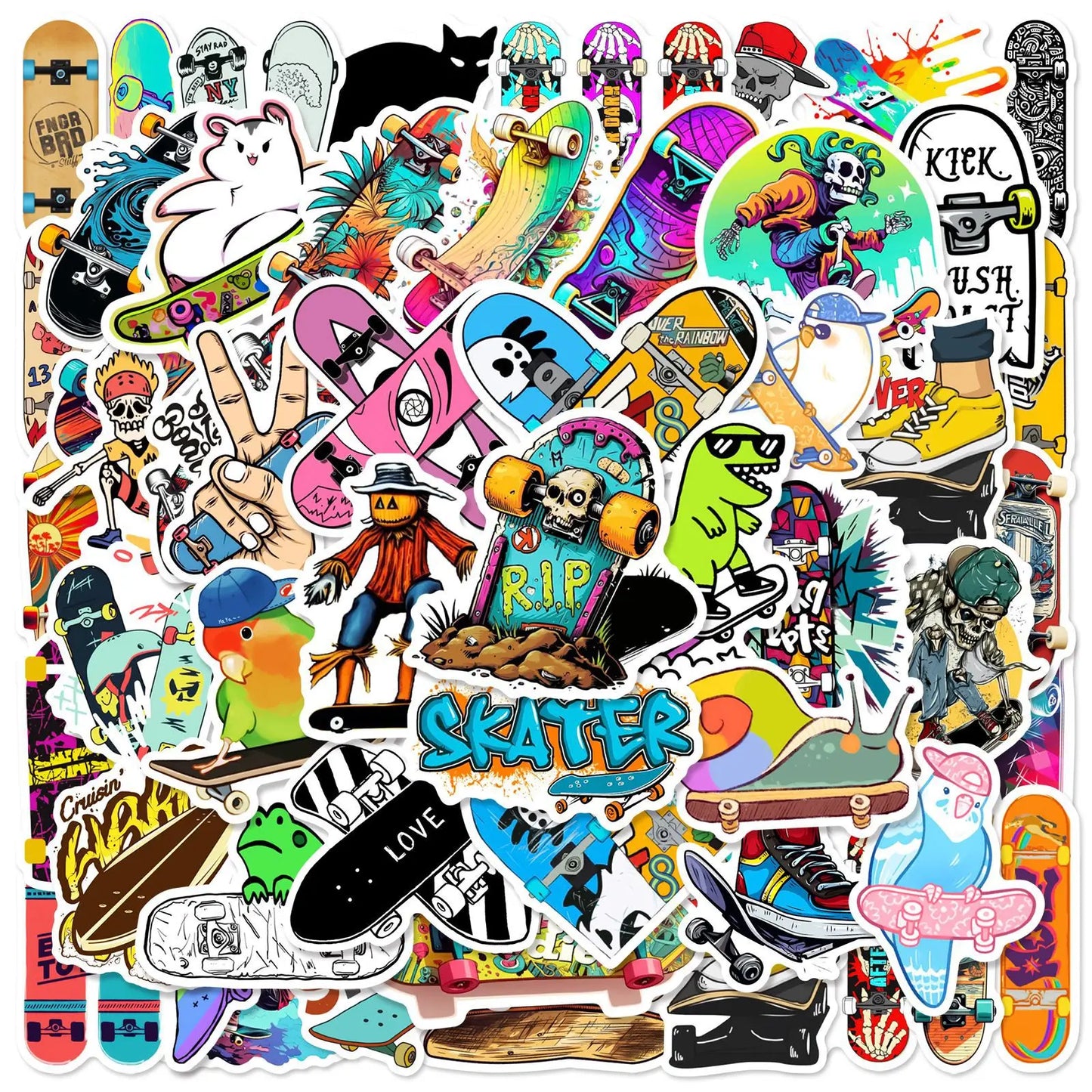Collection of colorful waterproof skateboard stickers with various designs on a white background