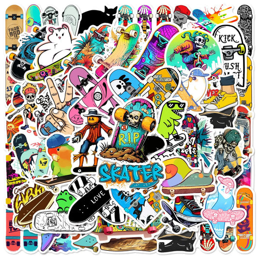 Collection of colorful waterproof skateboard stickers with various designs on a white background
