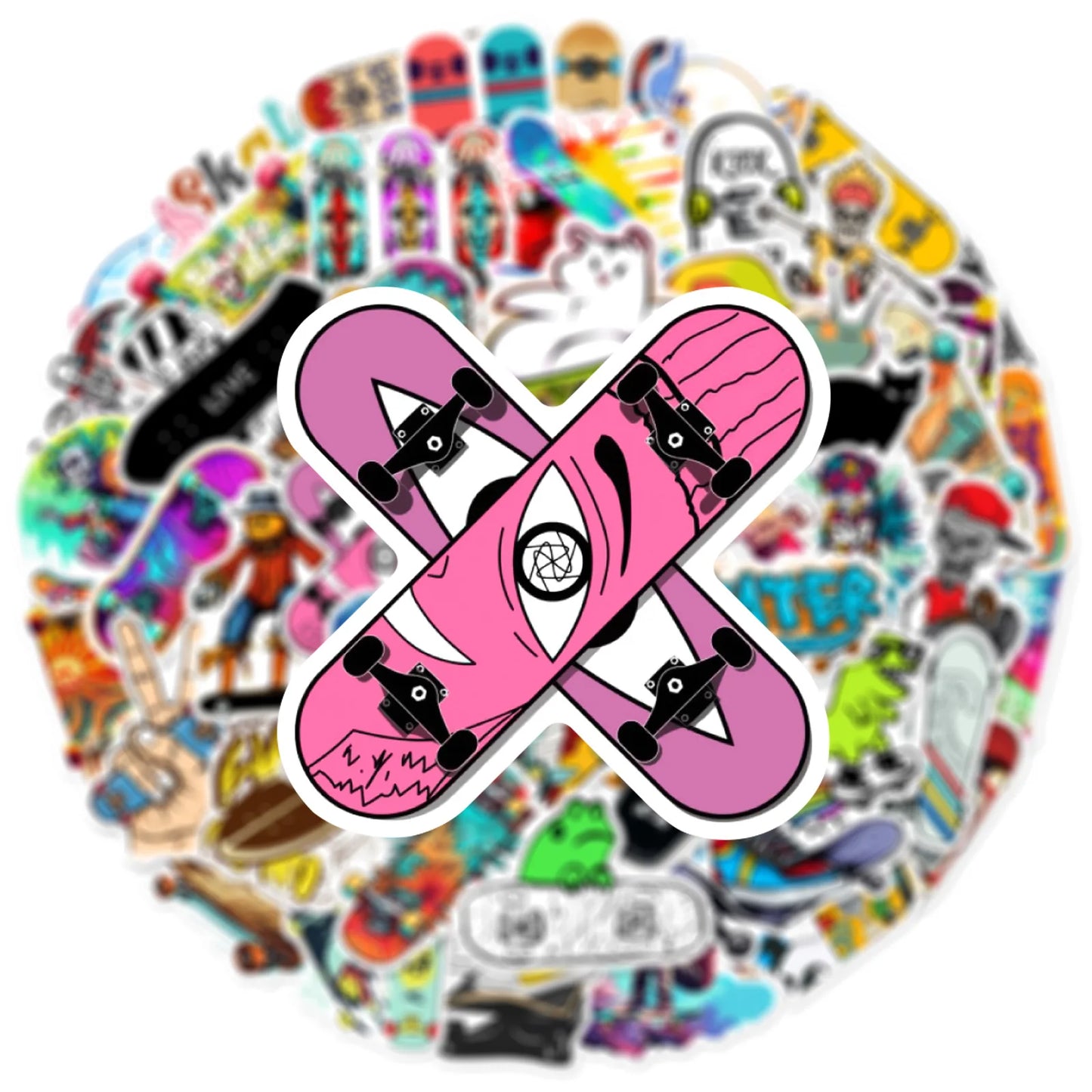 Circular skateboarding sticker pack with pink skateboard design in the center, surrounded by various other stickers.