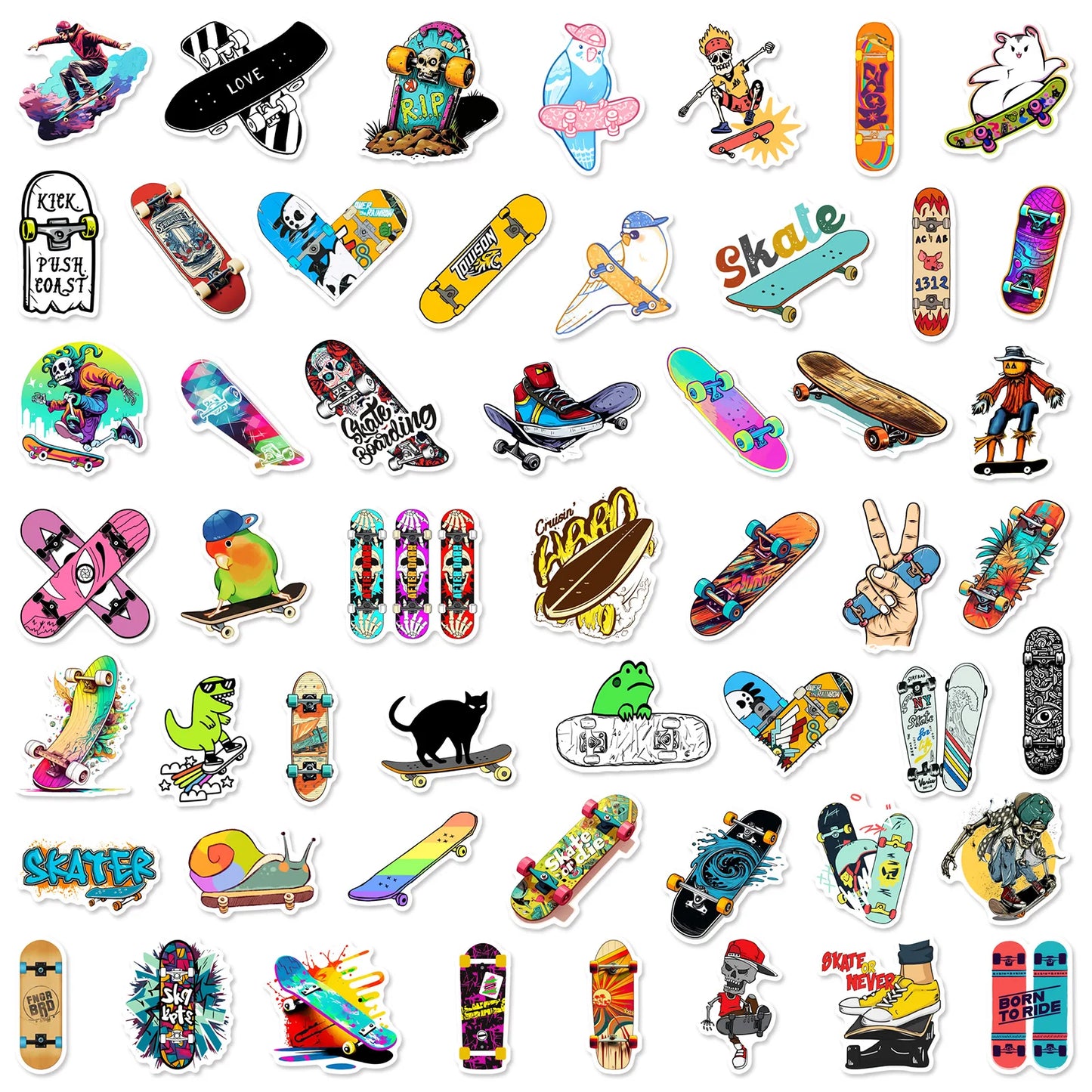 Collection of colorful skateboard-themed stickers on a white background