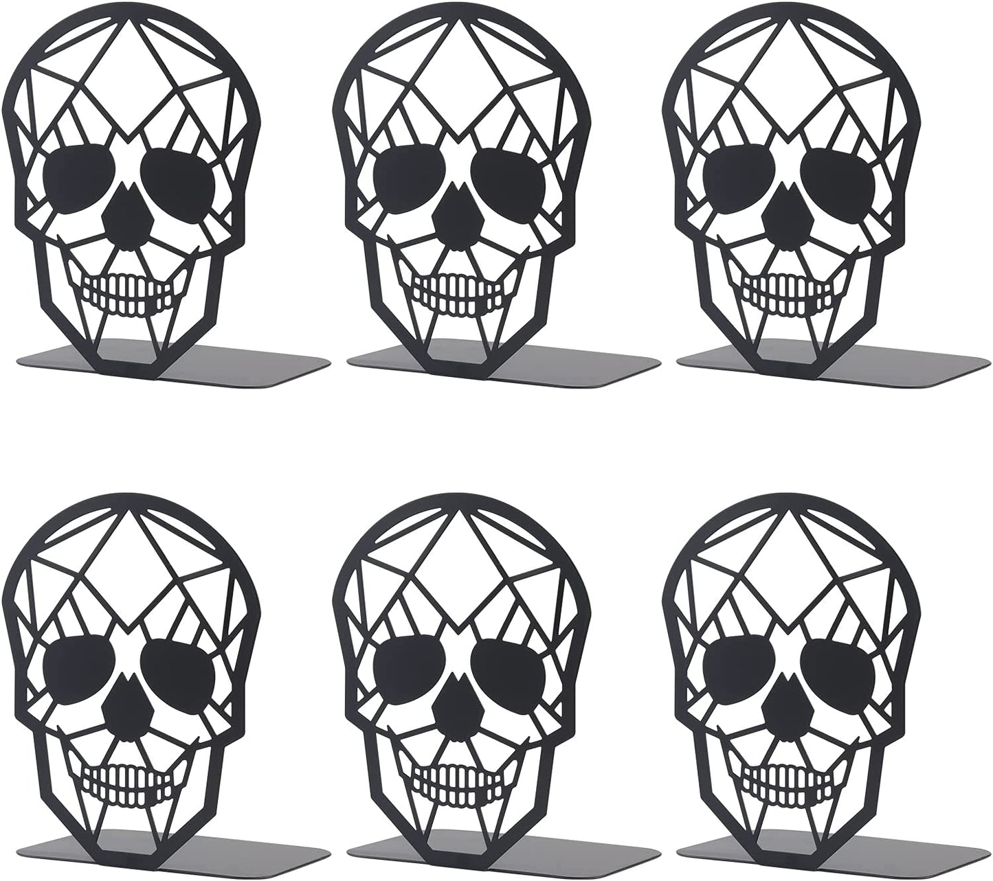 A set of six black metal bookends in the shape of skulls, designed for organizing and displaying books.