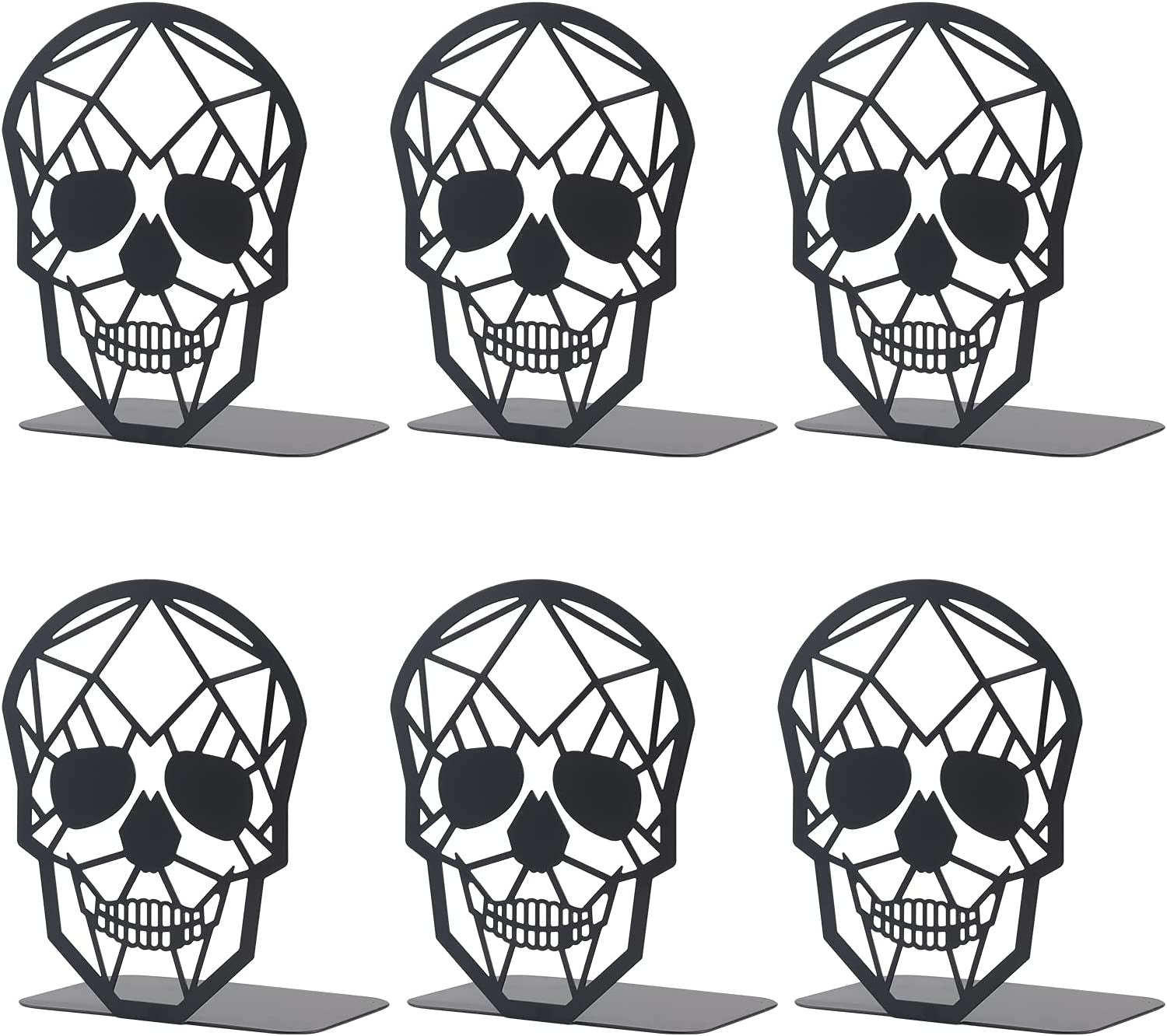 A set of six black metal bookends in the shape of skulls, designed for organizing and displaying books.
