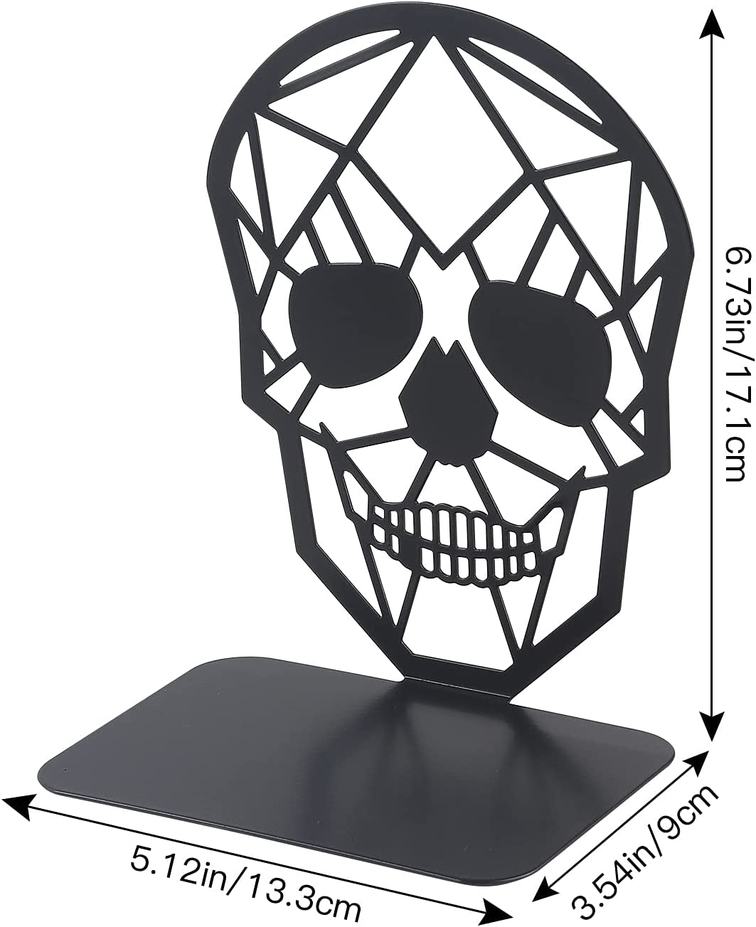 Skull metal bookend with dimension size chart.