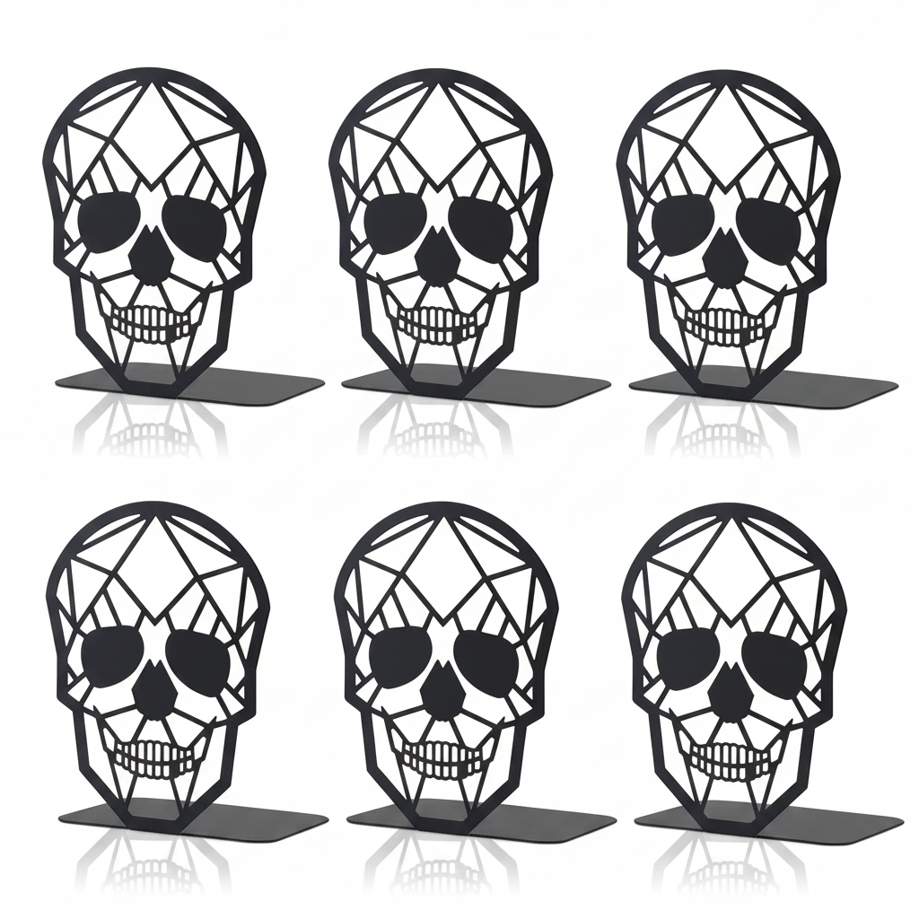 Six geometric skull design bookends on a white background