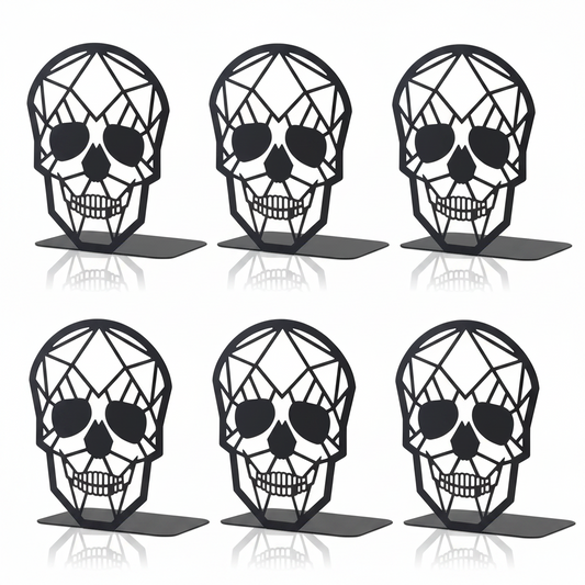 Six geometric skull design bookends on a white background