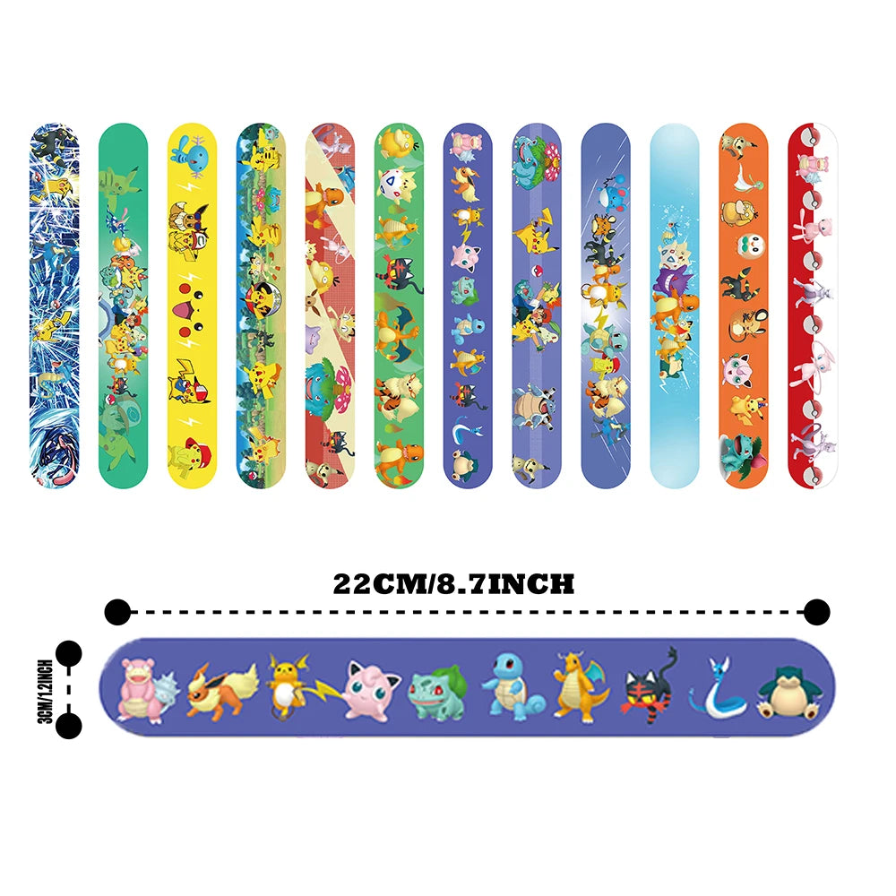 Pokémon Slap Bracelet Set – 12-Pack Cartoon PVC Snap Bands for Kids Party Favors