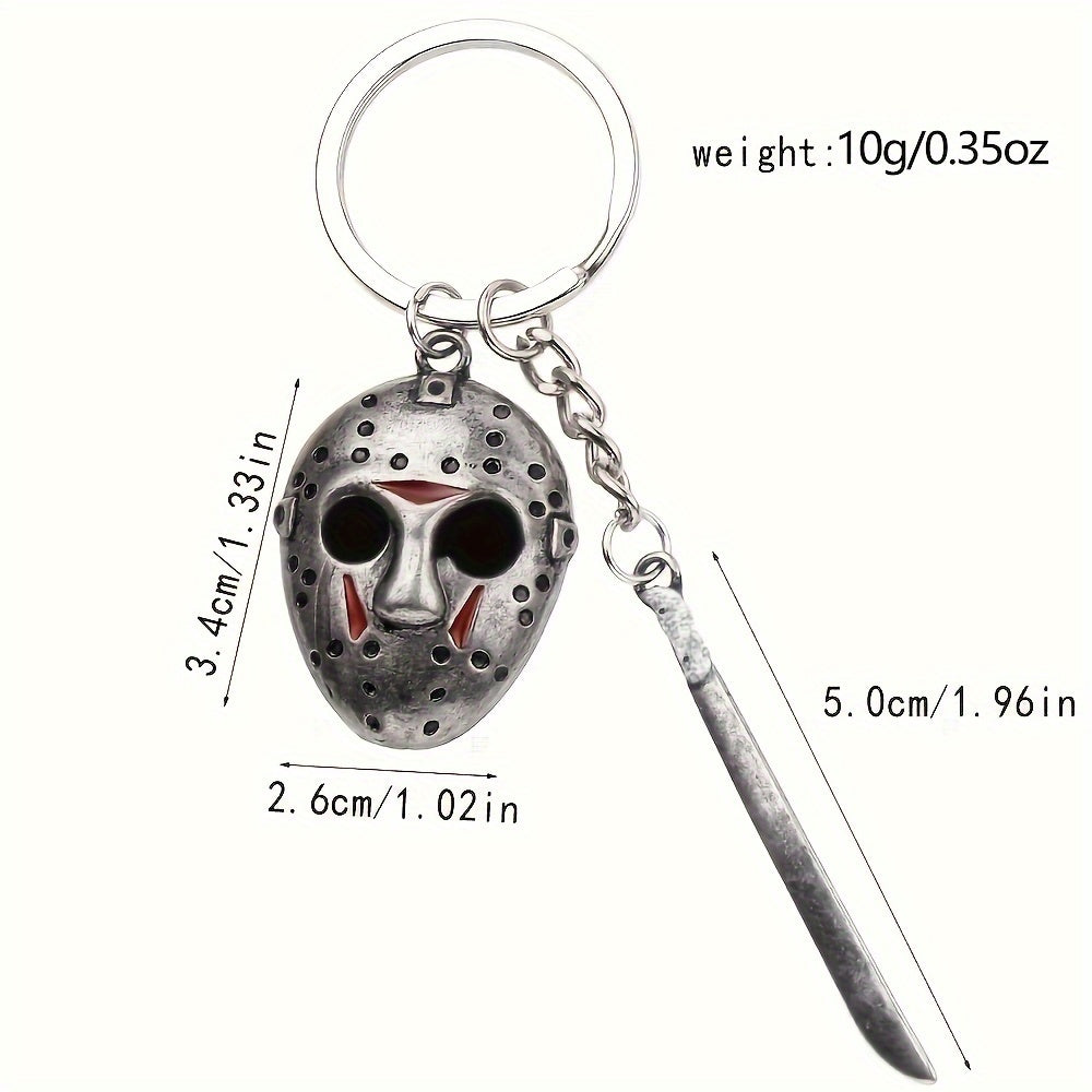 Keychain with hockey mask and knife, showing measurements and weight on a white background