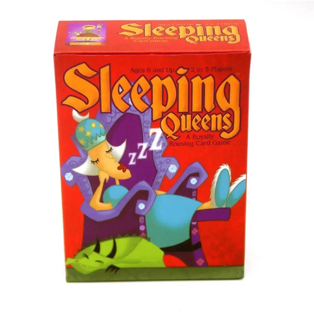 Card game box for 'Sleeping Queens' with colorful illustration on a red background