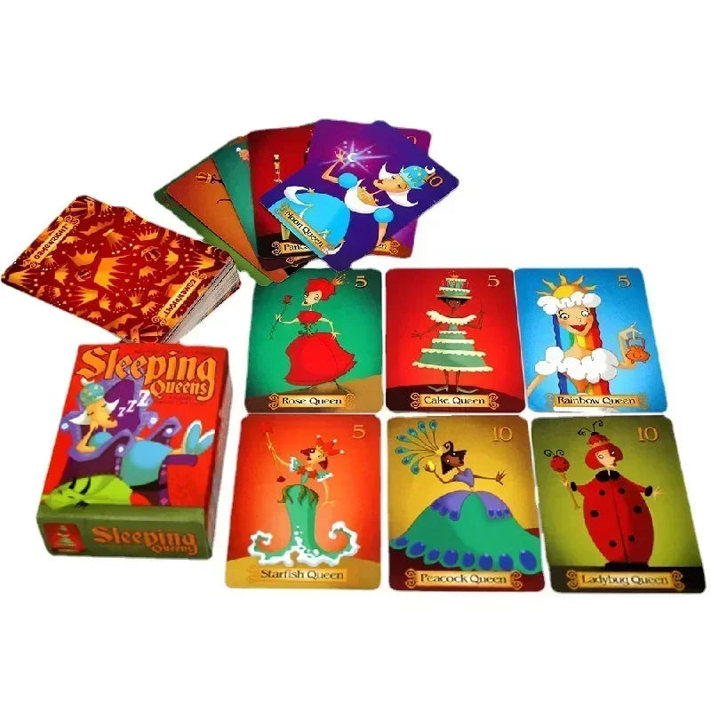 Colorful card game set with various cards featuring characters and titles on a white background.