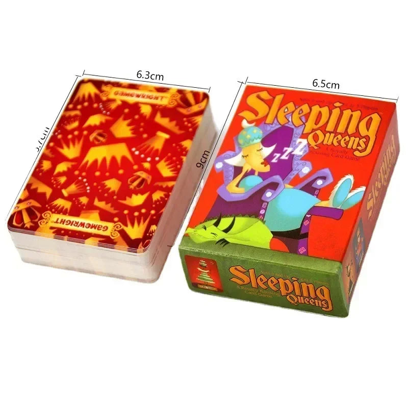 Card game box and cards with 'Sleeping Queens' branding, showing dimensions.