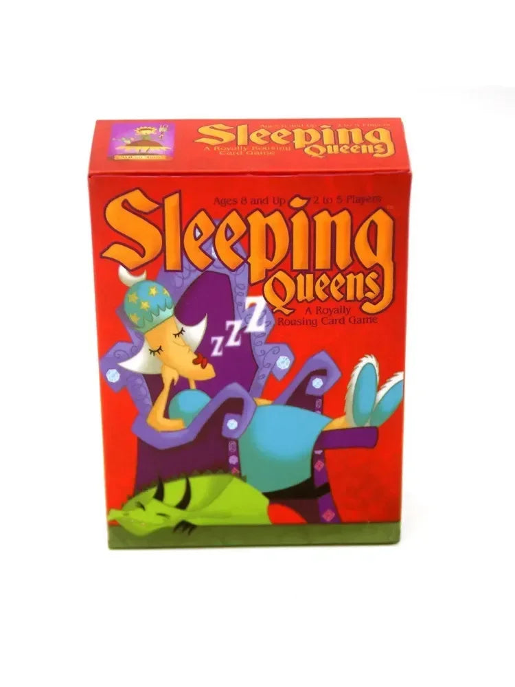 Card game box titled 'Sleeping Queens' with colorful illustration on a white background