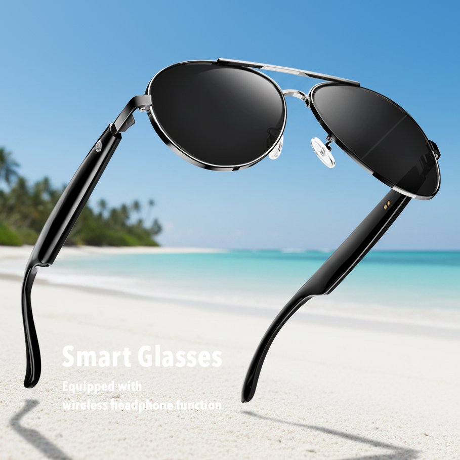 Black sunglasses with wireless headphone function on a beach background