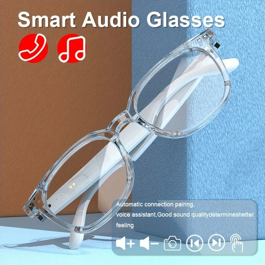 Smart audio glasses with control buttons on a blue and brown background