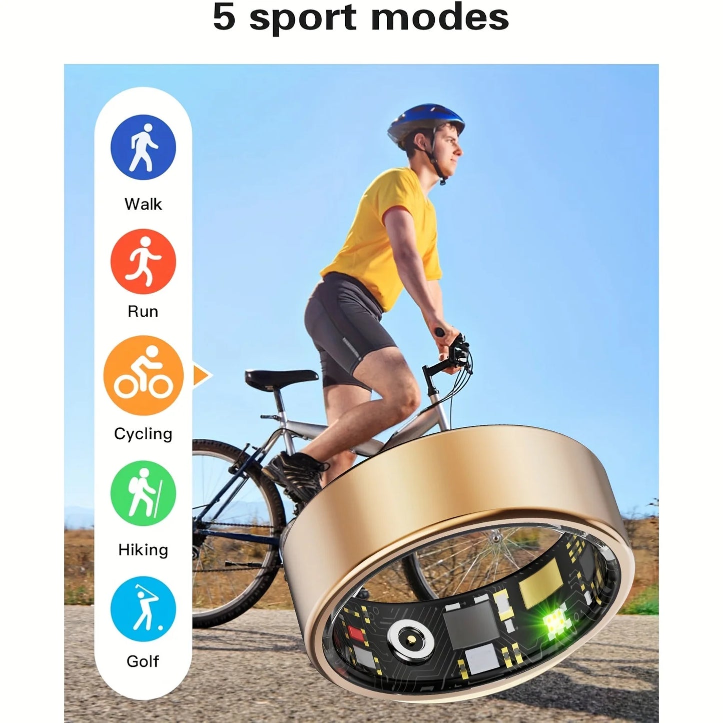 Person riding a bicycle with a device on the front, showing 5 sports modes for TK5 Smart Ring.