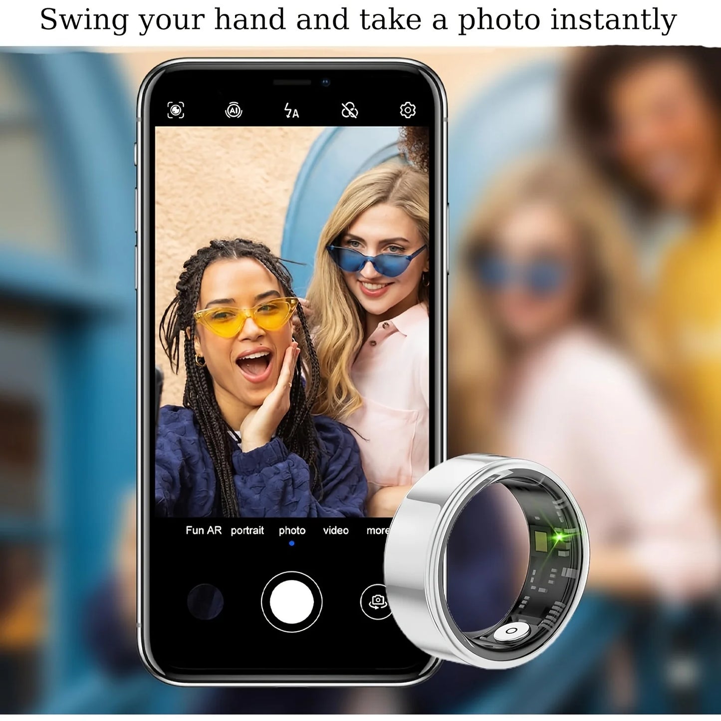 Smartphone with camera app open displaying a photo of two people, with a ring camera lens in front.