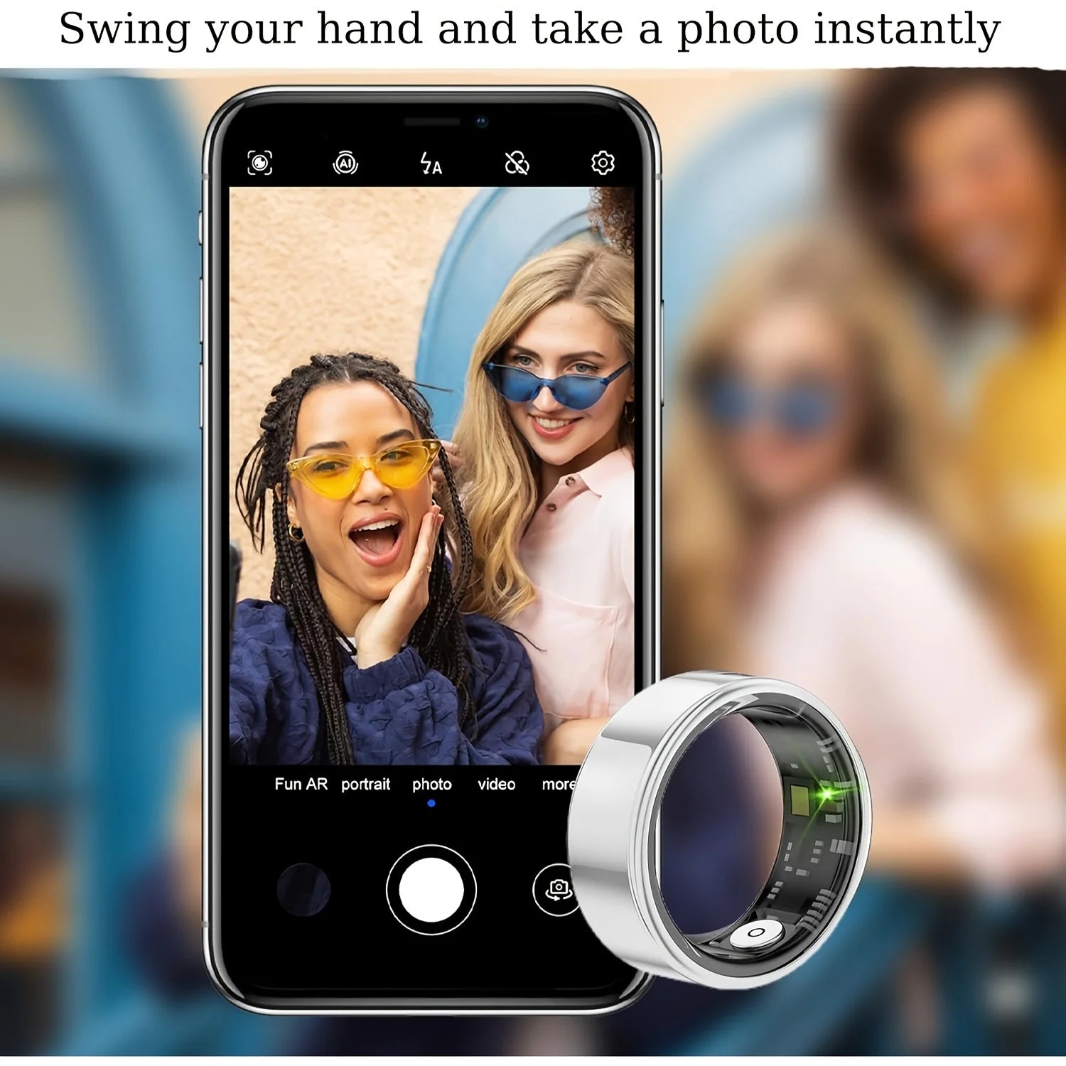 Smartphone with camera app open displaying a photo of two people, with a ring camera lens in front.