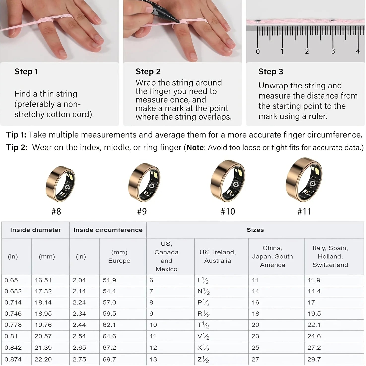 Instructions for measuring finger size using a string and chart with ring sizes.