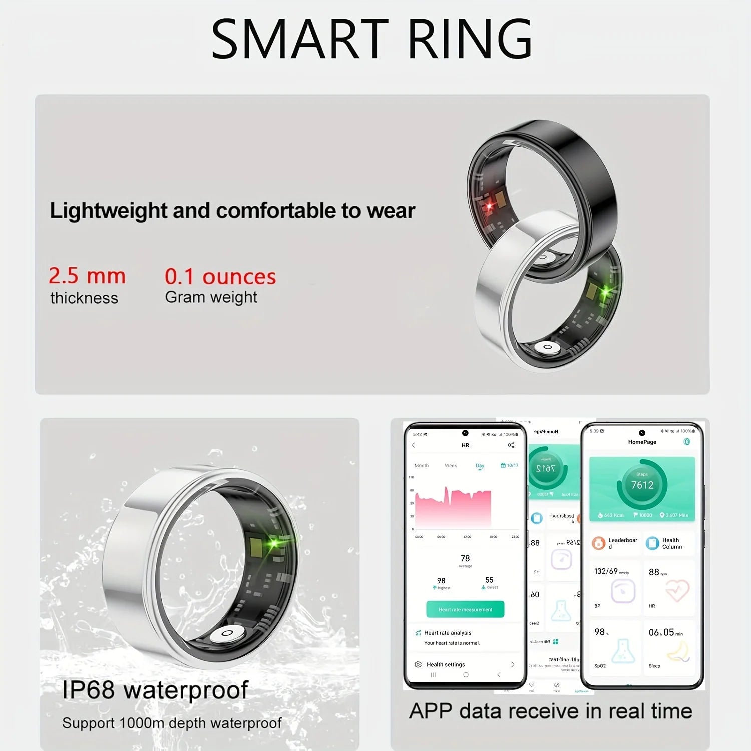 Smart ring with app interface on smartphone displaying real-time data, highlighting features like weight, thickness, and waterproof rating.