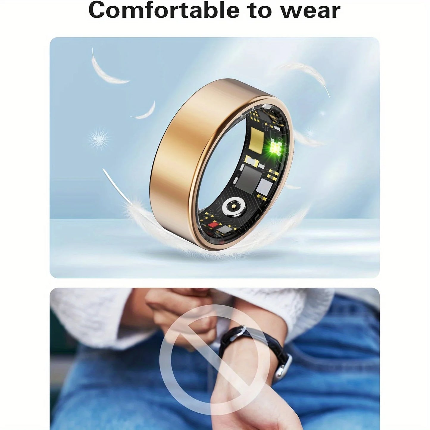 Smart ring with electronic components on a light blue background, worn by a person.