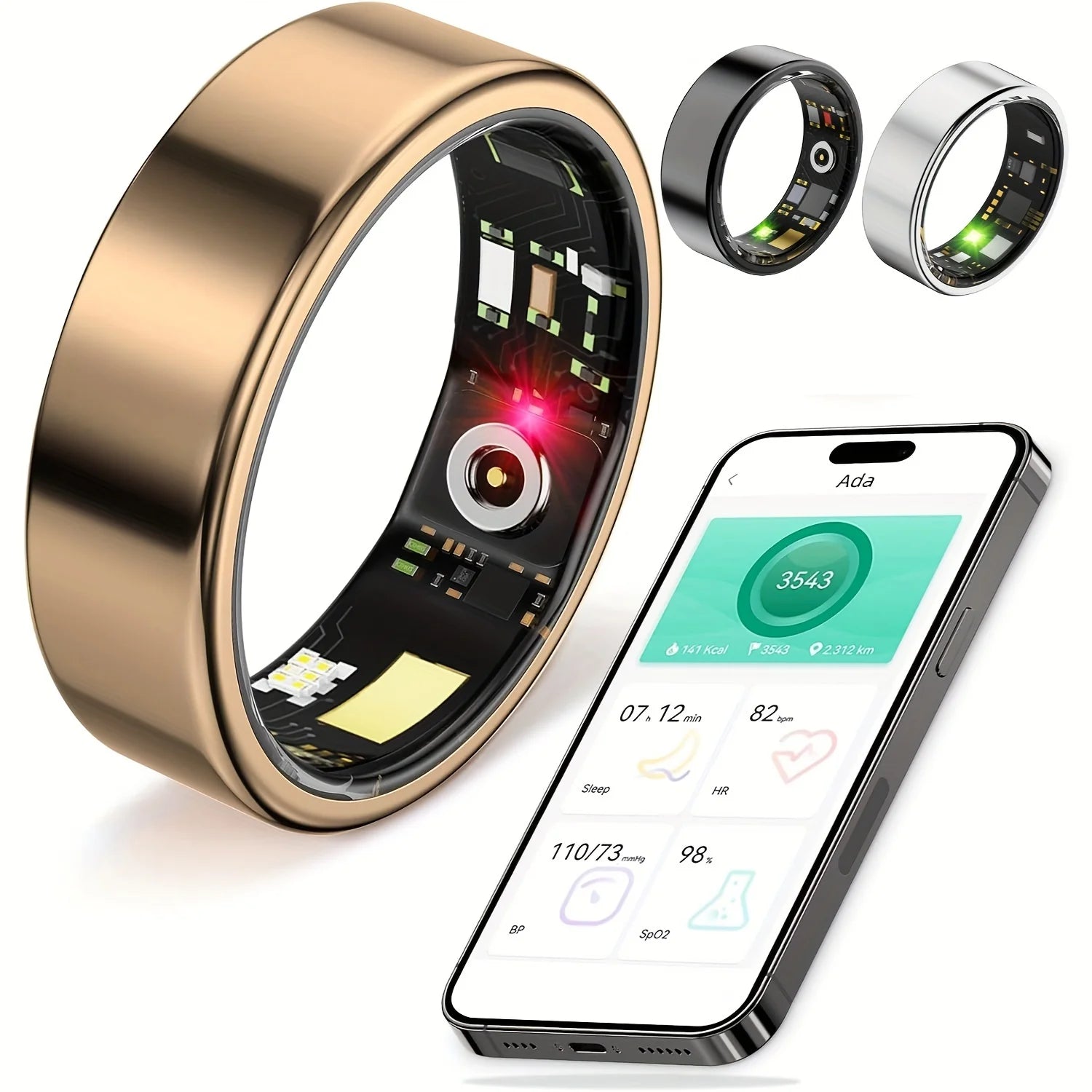 Smart ring with electronic components and a smartphone displaying app interface on a white background