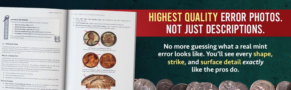 Open book with images of coins and text about error photos, on a dark green background.