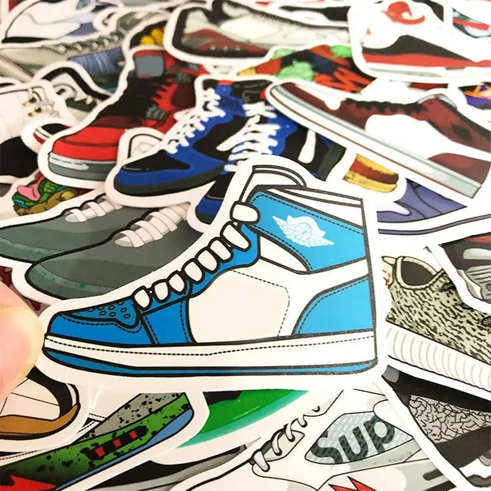 Collection of colorful shoe stickers on a white background