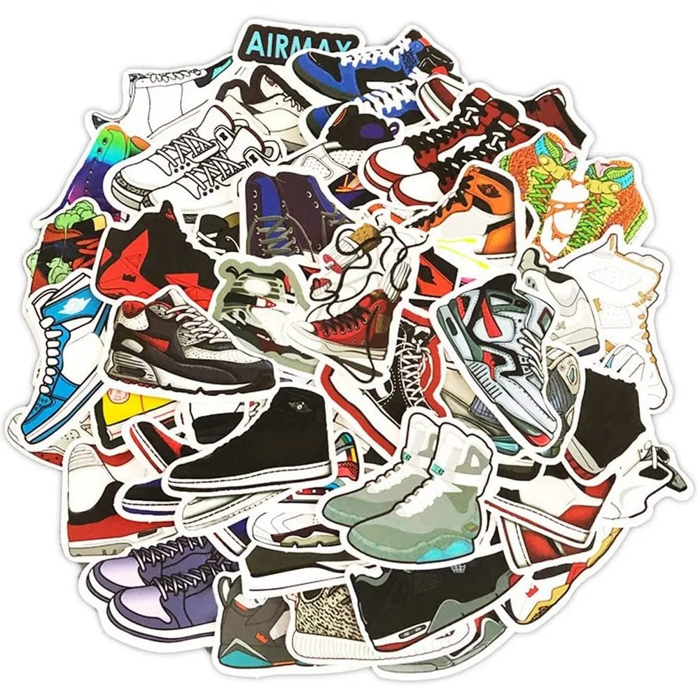 Collection of colorful shoe stickers on a white background