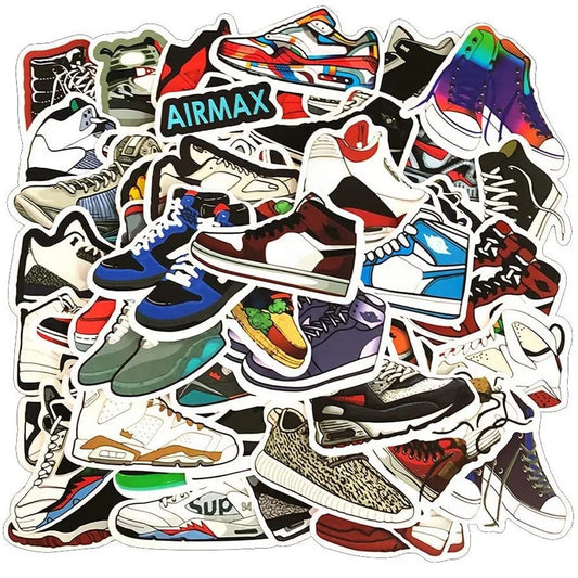 Collection of colorful Air Max shoe stickers on a white background