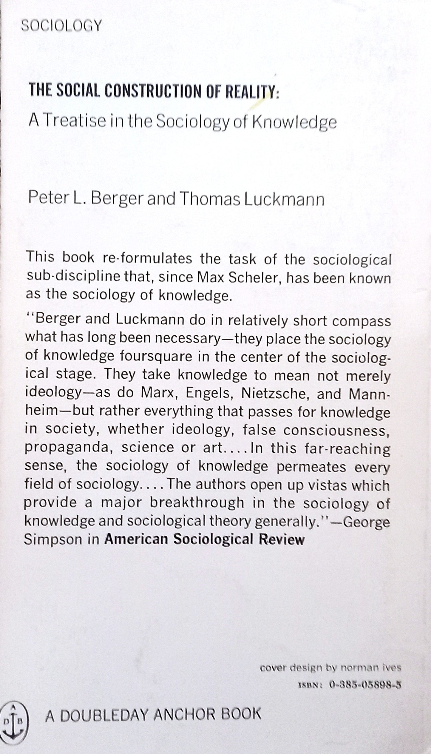 Book back cover of 'The Social Construction of Reality' by Peter L. Berger and Thomas Luckmann with text on a white background.