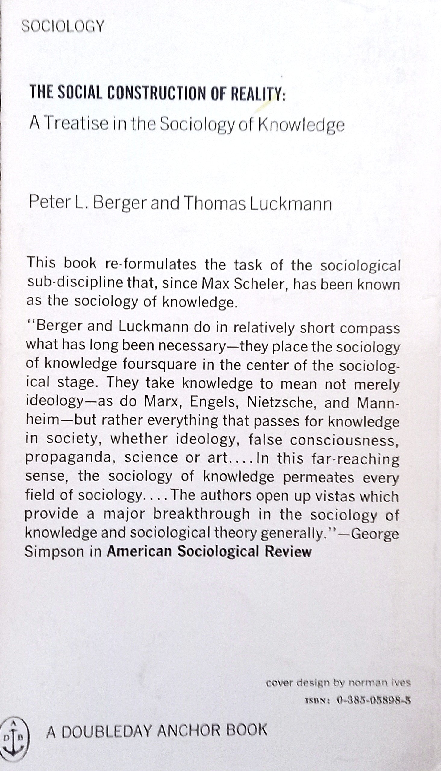 Book back cover of 'The Social Construction of Reality' by Peter L. Berger and Thomas Luckmann with text on a white background.