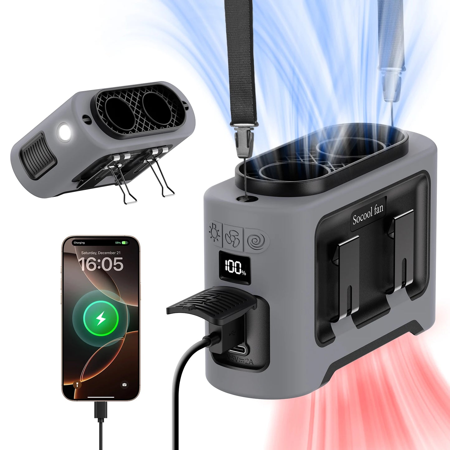 Socool 14500mAh Waist Fan with Dual Turbo Motors, LED Light & Power Bank – Portable Outdoor Cooling