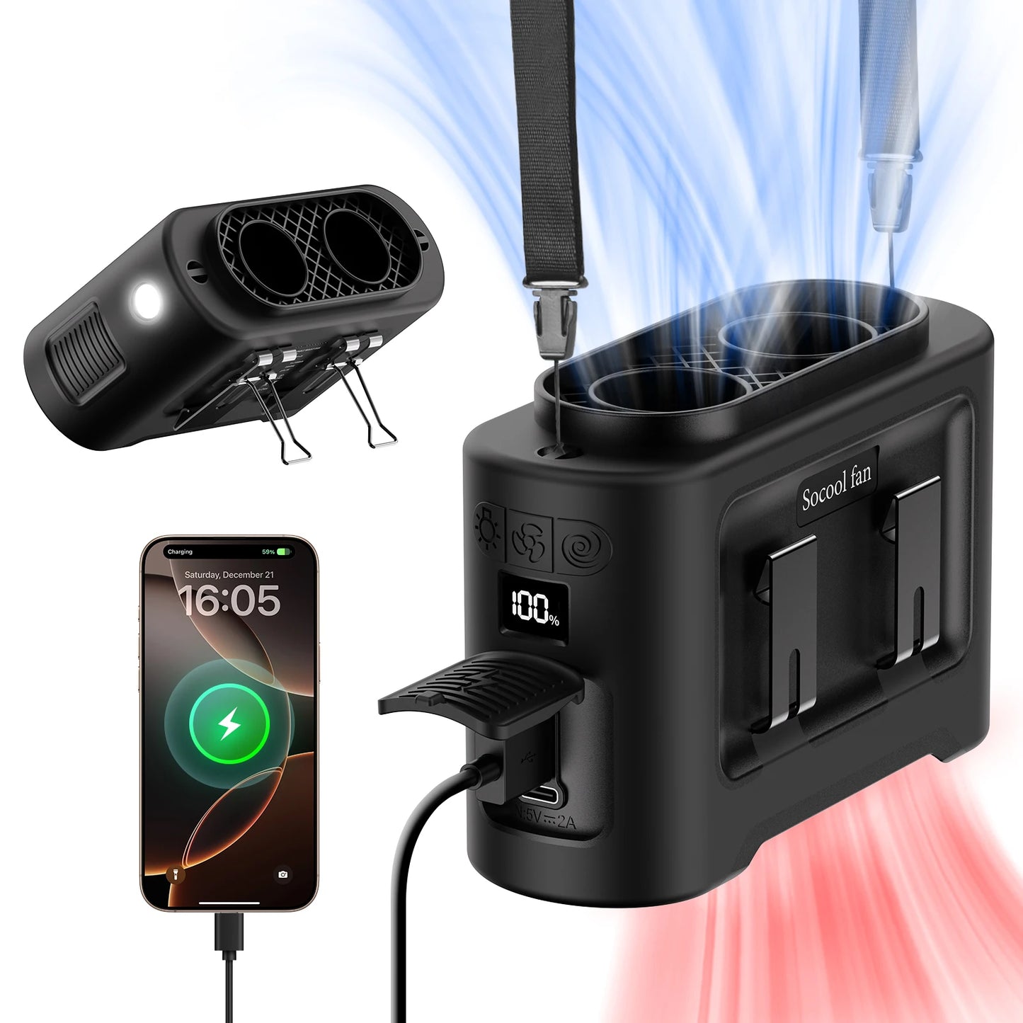 Socool 14500mAh Waist Fan with Dual Turbo Motors, LED Light & Power Bank – Portable Outdoor Cooling