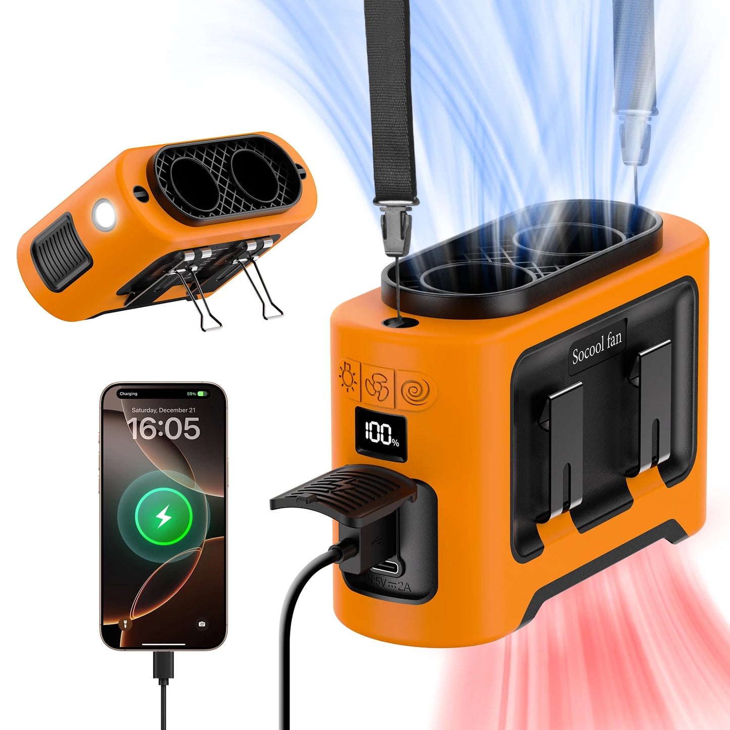 Socool 14500mAh Waist Fan with Dual Turbo Motors, LED Light & Power Bank – Portable Outdoor Cooling