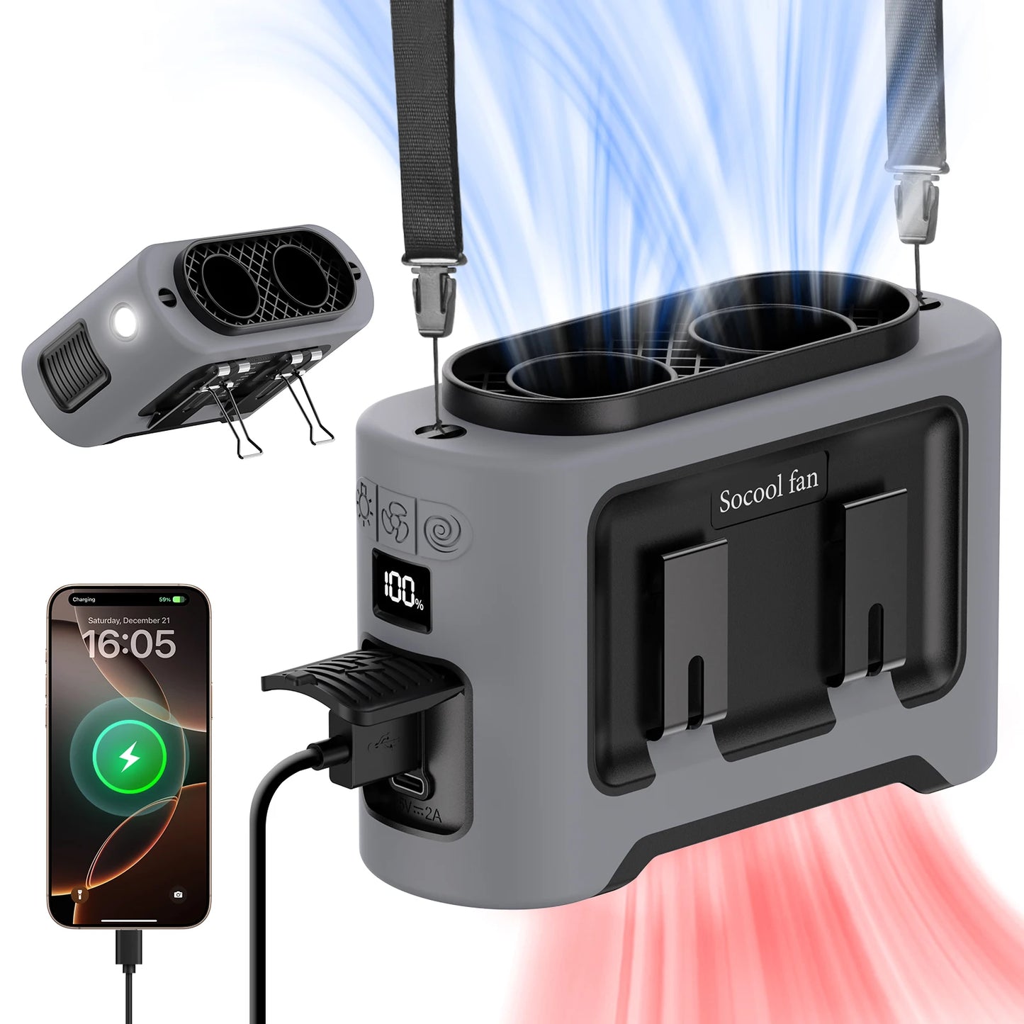 Socool 14500mAh Waist Fan with Dual Turbo Motors, LED Light & Power Bank – Portable Outdoor Cooling